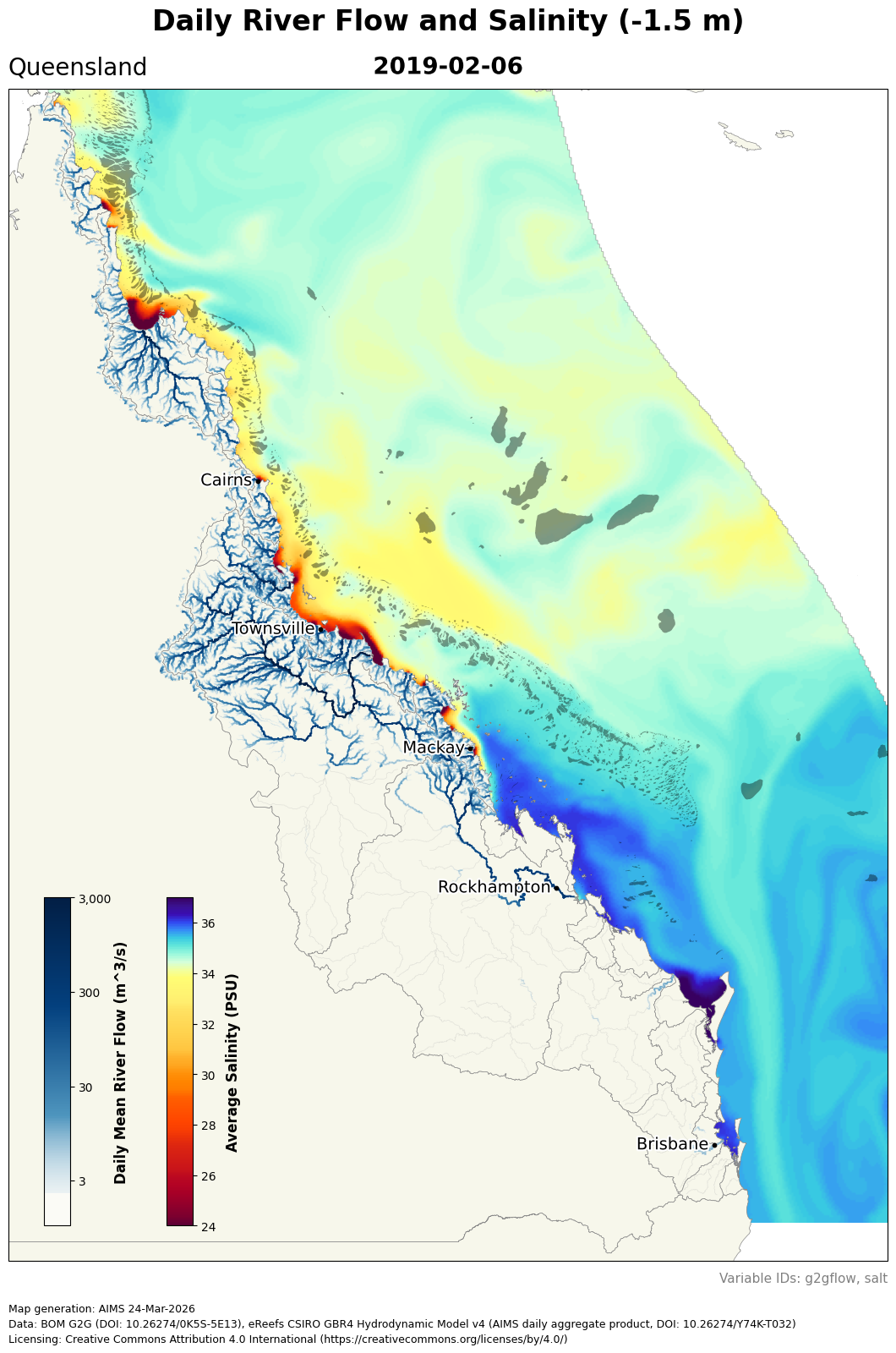 Preview map of GBR catchment surface flow and ocean 
salinity (2019-02-06)